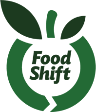 stylized graphic of a fruit, words Food Shift