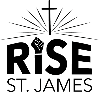 words rise st. james, raised fist, cross